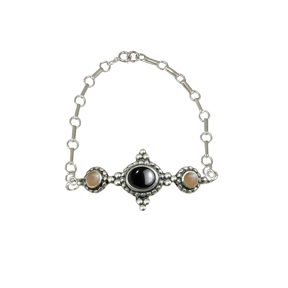 Sterling Silver Gemstone Adjustable Chain Bracelet With Hematite And Peach Moonstone